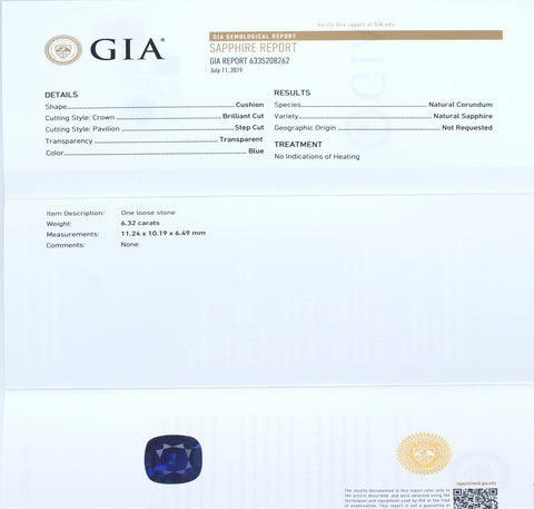 Natural Blue Sapphire 6.32CTs 11.24X10.19X6.49 MM Cushion Cut Unheated GIA Certified - shoprmcgems