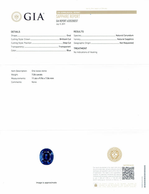 Blue Sapphire 7.04 CT 11.66X9.96X7.06 MM Oval Cut Unheated GIA Certified - shoprmcgems