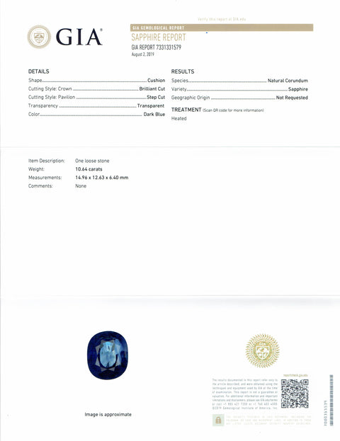 Blue Sapphire 10.65 CT 14.96X12.63X6.40 MM Cushion Cut Unheated GIA Certified - shoprmcgems
