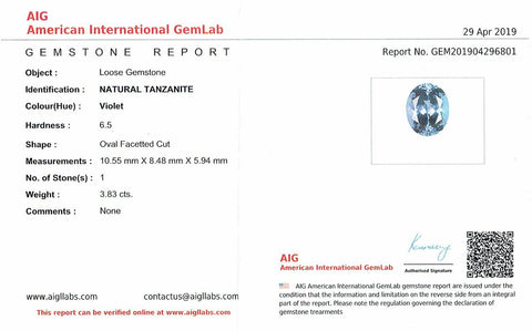 Certified Nattural Tanzanite 3.83Ct OVAL CUT 10.55x8.48mm AA. Gemstones RMCGEMS 