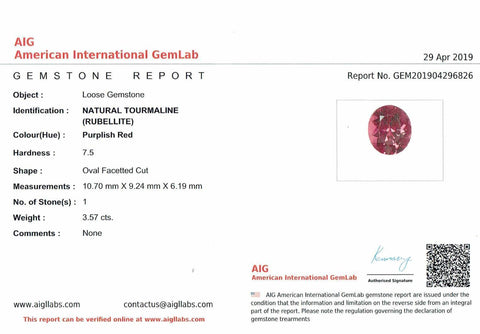 Certified Natural Rubellite 3.57 CT  10.70x9.24 MM Oval - shoprmcgems