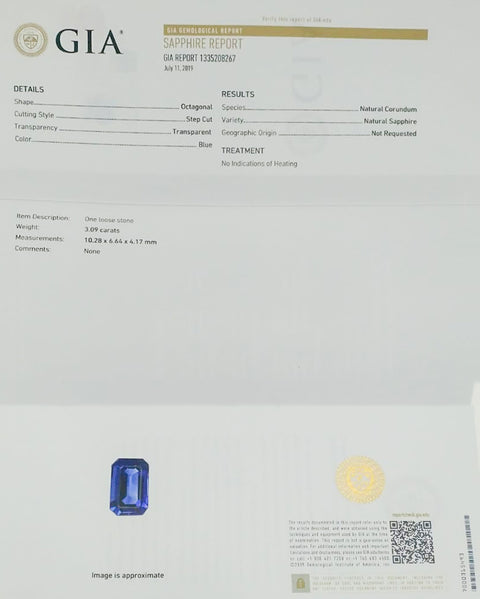 Blue Sapphire 3.09 CT 10.28x6.64x4.17 MM Octagon Cut Unheated GIA Certified - shoprmcgems